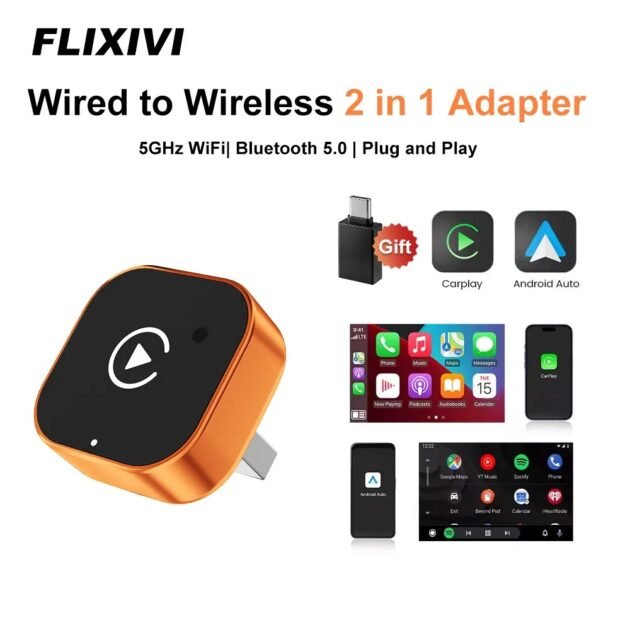 Adaptateur CarPlay sans fil 2-en-1, Dongle filaire vers sans fil pour Apple et Android,